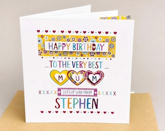Personalised Mum Birthday Card, Custom Name, Handmade Hearts Design, Square (15cm or 20cm)