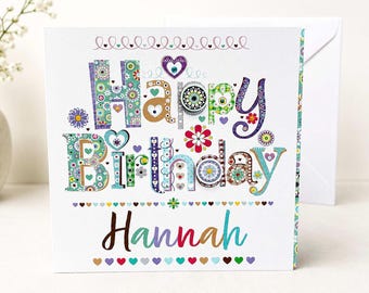 Personalised Birthday Card for Her | Custom Name Birthday Card | Colourful Handmade Pretty Birthday Card | for Daughter Friend Sister