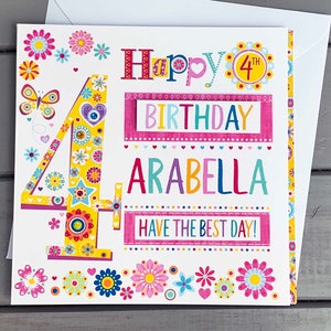Carte personnalisée joyeux 4e anniversaire | carte personnalisée spéciale | fille de 4 ans | carte spéciale pour son quatrième anniversaire | Cartes d'anniversaire pour l'âge de 4 ans