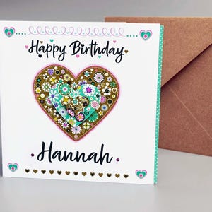 Biglietto di auguri di compleanno personalizzato con cuore di coriandoli blu e marroni / Fatto a mano per lei / Biglietto di auguri di compleanno personalizzato per un'amica / Design di Vicky Jones
