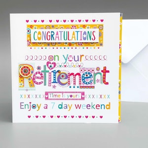 Carte de retraite pour elle | Carte faite main colorée | Félicitations pour la retraite | Conception d'artiste | Option 15 cm ou 20 cm