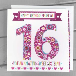 16.Geburtstagskarte für Mädchen | Handgemachte Sweet 16 Karte | Benutzerdefinierter Name und Nachricht | Hübsches Karte Geschenk | Vicky Jones Design