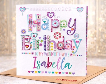 Personalised Wife Birthday Card, Wife Birthday Card, Handmade Birthday Card for Wife, Colourful Wife Card, Custom Name