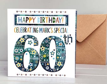 Cartão de aniversário personalizado para ele, para comemorar seus 60 anos: design multicolorido feito à mão.
