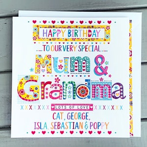 Carte d'anniversaire personnalisée pour grand-mère - Maman, grand-mère, grand-mère, grand-mère, nounou - agrémentée de paillettes, option de message personnalisé - Carré de 15 cm