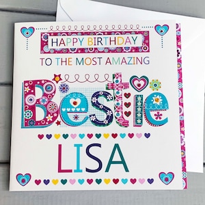 Personalisierte Bester Freund Geburtstagskarte | Handgemachte Karte für Bestie | Benutzerdefinierter Name | Bunt verzierte Karte | Vicky Jones Design