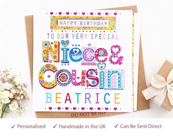 Personalised Niece & Cousin Birthday Card: Handmade Greeting Card