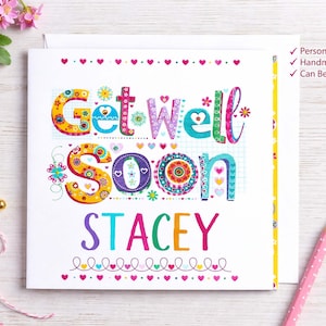Personalised Get Well Card, Handmade Multicolour Embellished Feel Better Soon Card, send direct option