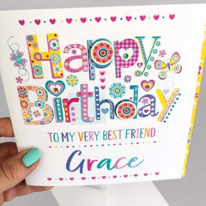 Biglietto di auguri di compleanno personalizzato per la migliore amica - Biglietto colorato fatto a mano con nome, impreziosito da gemme - Design unico e vivace