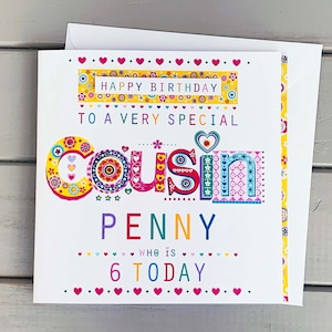 Tarjeta de cumpleaños personalizada para primo/a: Tarjeta especial de cumpleaños para primo/a con nombre y edad. Tarjeta hecha a mano con purpurina y gemas. Envío directo.
