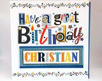 d'anniversaire personnalisée pour garçon | Carte faite main colorée pour lui | Nom et message personnalisés | Cadeau d'anniversaire amusant | Vicky Jones Design