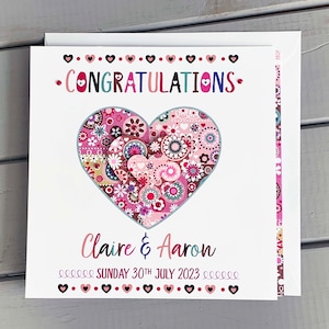 Carte de mariage personnalisée - Carte de félicitations faite main pour couple - Motif coeur multicolore - Souvenir de mariage personnalisé