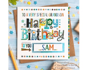 Personalised Grandson Birthday Card | Custom Name, Printed Message. Send Direct to him