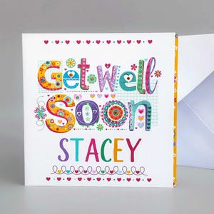 Carte de rétablissement personnalisée - Design multicolore - Nom et message personnalisés - Fait main avec embellissements - Carré de 15 cm