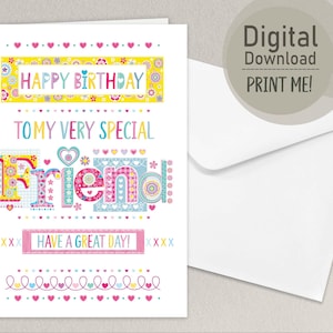 Tarjeta de cumpleaños imprimible para un amigo: descarga digital colorida, divertida tarjeta de feliz cumpleaños para un amigo, descarga instantánea, tamaños A4 y carta de EE. UU.
