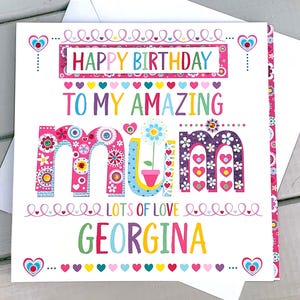 Tarjeta de cumpleaños personalizada para mamá: colorida y hecha a mano con mensaje personalizado. Idea de regalo especial para mamá. 15 cm con sobre.