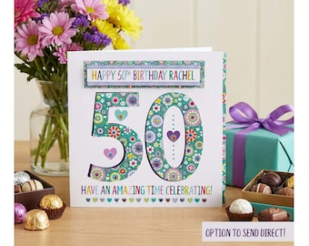 50th Birthday Card Personalised for Her: Floral Milestone Card