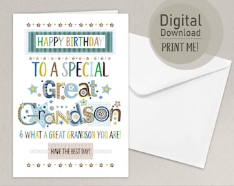 May include: A printable birthday card with a blue, green, and yellow patterned design. The card says "Happy Birthday to a Special Great Grandson & What a Great Grandson You Are! Have the Best Day!"