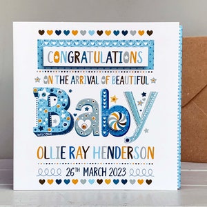 Biglietto di auguri personalizzato per neonato / Nome e data personalizzati / Biglietto ricordo fatto a mano / Biglietto di congratulazioni per neonato con busta