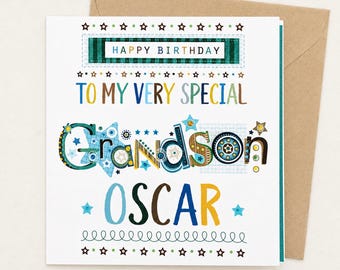 May include: A square birthday greeting card with a brown envelope. The card features the text HAPPY BIRTHDAY TO MY VERY SPECIAL GRANDSON OSCAR in various blue, green, and yellow fonts, decorated with colorful stars and geometric patterns.