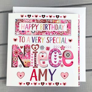 Tarjeta de cumpleaños para sobrina, tarjeta de cumpleaños personalizada rosa para sobrina especial, tarjetas de cumpleaños para sobrina, tarjeta de cumpleaños colorida para sobrina.