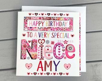 Carte d'anniversaire nièce, carte d'anniversaire personnalisée rose pour nièce spéciale, cartes d'anniversaire nièce, carte d'anniversaire colorée pour nièce.