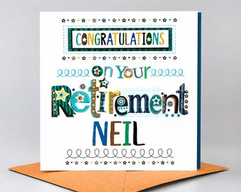 Biglietto di auguri personalizzato per il pensionamento di lui: design multicolore