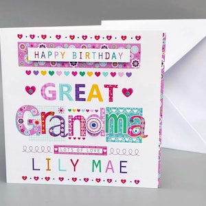 Cartão de aniversário personalizado para bisavó – Design floral feito à mão – Nome e mensagem personalizados – Cartão decorado – Quadrado de 15 cm
