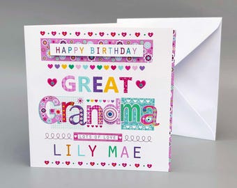 Personalised Great Grandma Birthday Card – Handmade Floral Design – Custom Name & Message – Embellished Card