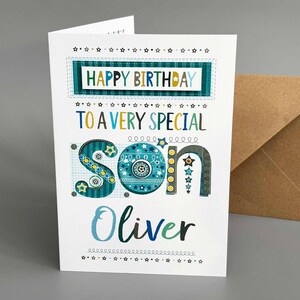 Biglietto di auguri di compleanno personalizzato per il figlio / Biglietto speciale fatto a mano per lui / Nome sul davanti / Messaggio personalizzato all'interno