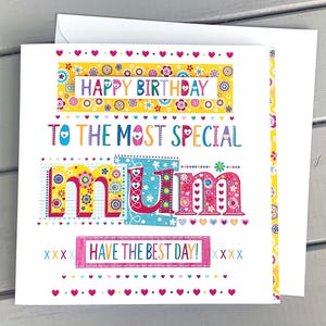 Tarjeta de cumpleaños para mamá hecha a mano: tarjeta especial con un bonito diseño, cuadrada de 15 cm con sobre, interior en blanco.