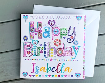 Carte d'anniversaire personnalisée idéale pour une fille spéciale qui fête son anniversaire, joli design coloré parfait pour une fête d'anniversaire !
