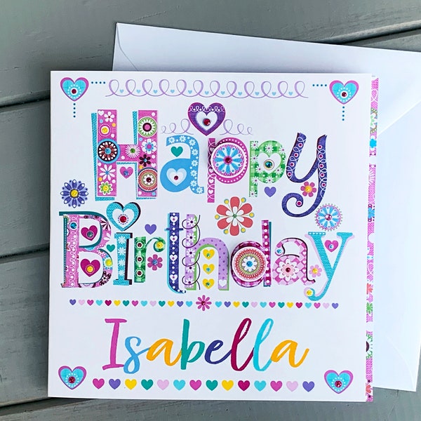 Personalised birthday card ideal for a special birthday girl, colourful pretty design perfect for a birthday celebration!