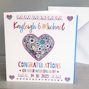 Tarjeta de boda personalizada / Diseño de corazón hecho a mano / Nombres y fecha personalizados / Tarjeta de felicitación de boda / Diseño de Vicky Jones