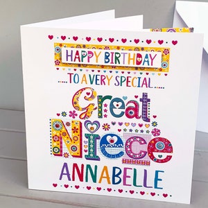 May include: A colorful birthday card for a great niece named Annabelle. The card features the words "Happy Birthday" and "To a very special Great Niece" in a variety of fonts and colors, with decorative hearts and floral accents.