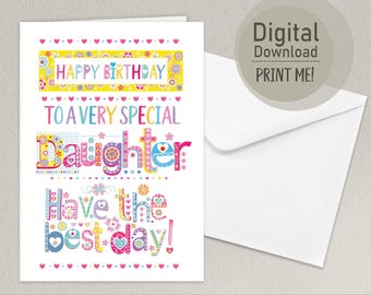 Special Daughter Birthday Card, Colourful Design, Instant Download (Printable)