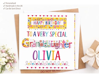 Personalised Granddaughter Birthday Card, Special Granddaughter Gift, Handmade, Custom Name Card UK, Send directly to her