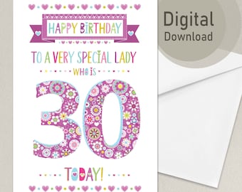 30th Birthday Card Printable for Her | Digital Download Card | Happy 30 Birthday Woman | Instant Download A4 US Letter