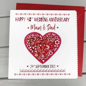 Biglietto personalizzato per il 40° anniversario di matrimonio / Biglietto per l'anniversario di matrimonio in rubino / Nomi e data personalizzati / Ricordo fatto a mano / Busta rossa