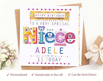 Tarjeta de cumpleaños personalizada para sobrina: diseño moderno con purpurina.