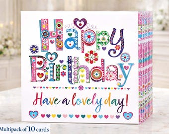 Biglietti di compleanno colorati - Confezione multipla da 10 / Decorati / Fatti a mano nel Regno Unito