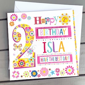 Carte d'anniversaire de 2 ans pour fille - Carte de 2 ans personnalisée faite main avec nom - Carte ornée de couleurs - Design Vicky Jones