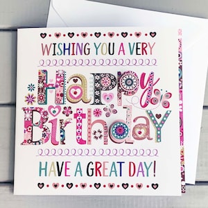 Lindo cartão de aniversário para menina | Cartão feito à mão para ela | Design vibrante de artista | Interior em branco | Embelezado por Vicky Jones
