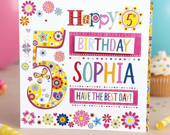 Gepersonaliseerde 5e verjaardagskaart: kleurrijke meisjesverjaardag