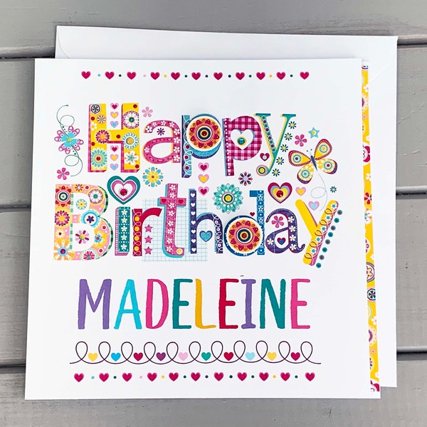 Personalised happy birthday card ideal for a special birthday girl, colourful pretty design perfect for a birthday celebration!