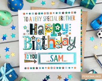 Personalised Brother Birthday Card, Colourful Name Card for Him, Can Send Direct