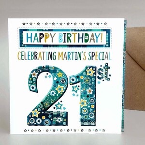 Tarjeta personalizada de 21 cumpleaños para niño / Tarjeta hecha a mano para hijo, hermano o nieto / Nombre personalizado / Tarjeta de regalo para una edad especial