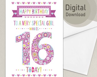 Tarjeta de feliz cumpleaños número 16: Diseño floral (Descarga digital)