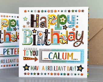 Carte d'anniversaire pour un garçon, personnalisée pour lui. une carte de joyeux anniversaire, colorée et gaie pour une fête d'anniversaire spéciale