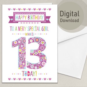 digitale Alles Gute zum 13.Geburtstag | Eine Geburtstagskarte drucken | digitale Karte | 13 Jahre alt | Beste Kartenideen